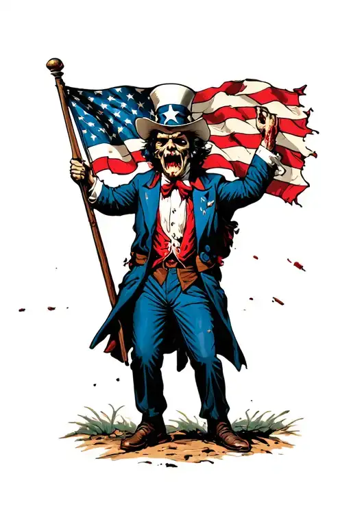 angry Uncle Sam zombie holdng war torn flag waving tattoo design idea