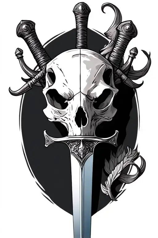 animal skull and sword black and grey tattoo design idea