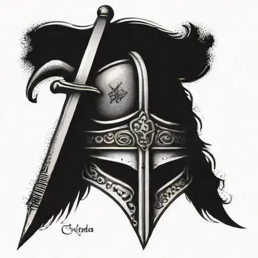 knights helmet with sword and text "do a good turn daily" tattoo design idea