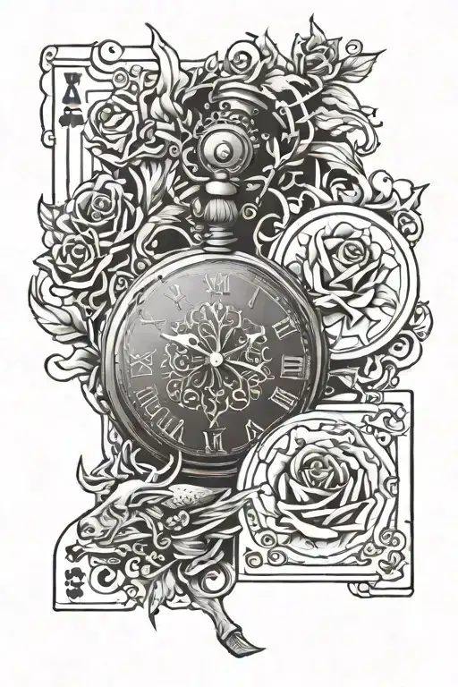 pocket watch, rose, fish, deer, king and queen crowns, 4 ace cards tattoo design idea