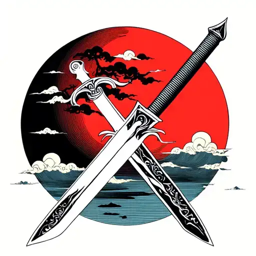 Vertical sword facing downwards that crosses a growing moon with some clouds. Minimal design, tattoo design idea