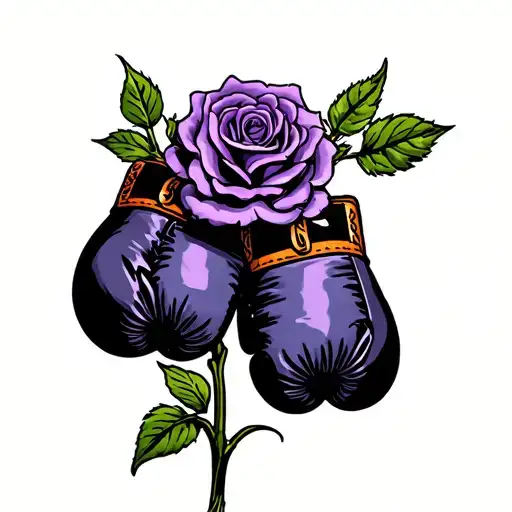 Purple rose with long stem and a pair of boxing gloves hanging from a thorn. tattoo design idea