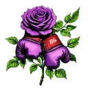 Purple rose with long stem and a pair of boxing gloves hanging from a thorn. tattoo design idea