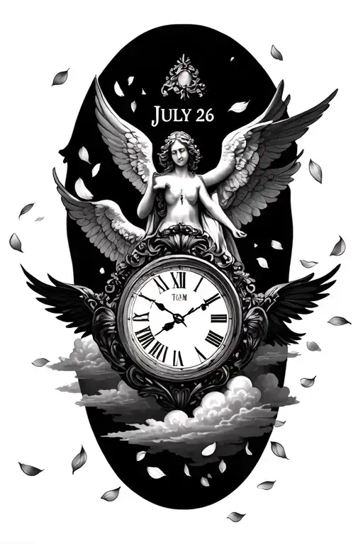 clock set 10am and angels and clouds around with petals falling more, plus July 26 in roman numbers tattoo design idea