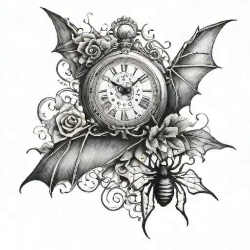 bats, spiders, antique time piece tattoo design idea