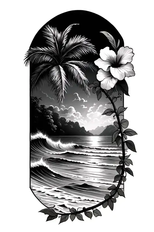 beach with ocean waves crashing with hibiscus vine on the right side and palm tree on the left tattoo design idea