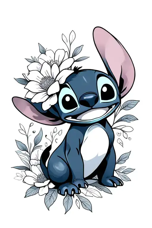 lilo and stitch with flowers tattoo design idea
