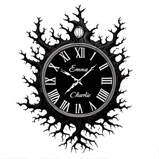 tree with roots and a roman numeral clock with the names Emma, Michael and Charlie tattoo design idea
