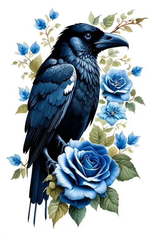 black raven with blue roses tattoo design idea
