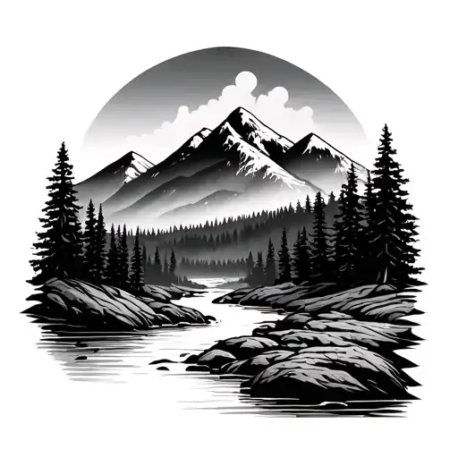 A modern minimalistic black and white arm sleeve tattoo. The Adirondack Mountains sit at the top, with a winding stream  tattoo design idea