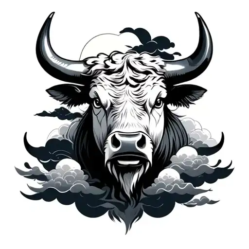 Japanese traditional -style bull face with clouds tattoo design idea