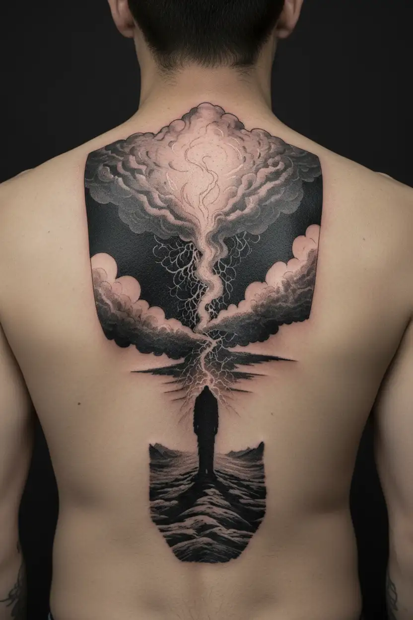 3. A Storm Cloud Above a Faceless Figure (Anxiety & Internal Struggles)	•	A shadowy, faceless figure stands beneath a s tattoo design idea