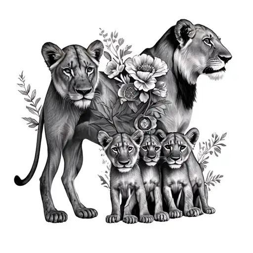 lioness, 5 lion cubs, birth flowers, pocket watches, full leg sleeve tattoo design idea