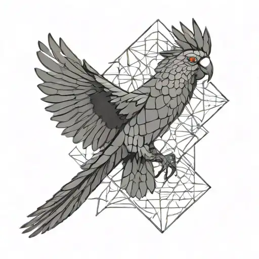 black cockatoo flying with geometric background  tattoo design idea