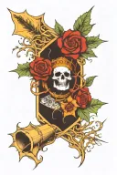 half arm sleeve tattoo, patchwork, the emperor tarot, thorns, vines, blood, anger, 2 wands in fire and ice, sad moon tattoo design idea