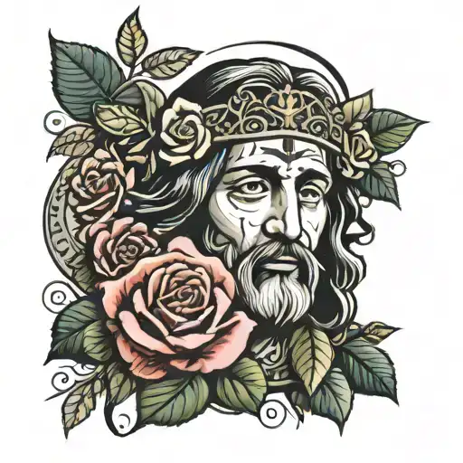 diadem of roses and in the middle the face of the Christ of Araró, Michoacan tattoo design idea