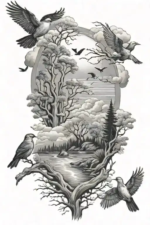 trees, birds, animals, clouds, river flowing, realism tattoo design idea