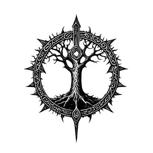 the Elden ring rune symbol incorporated with tree of gondor tattoo design idea