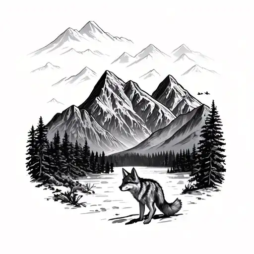 british Columbia mountains with a small coyote in the picture tattoo design idea