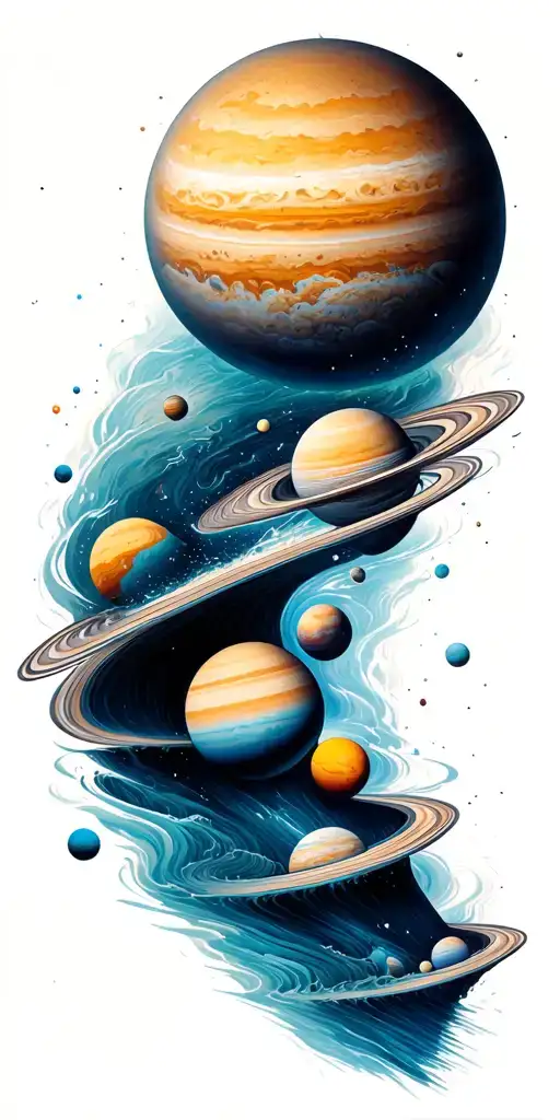 a universe with alot of planets flowing down, the planets are inside the river tattoo design idea