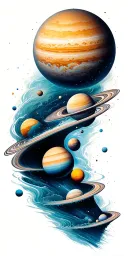 a universe with alot of planets flowing down, the planets are inside the river tattoo design idea