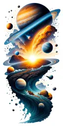 a universe with alot of planets flowing down, the planets are inside the river tattoo design idea