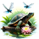 realistic Turtle sitting on a log watching dragonflies flying with water lilly border tattoo design idea