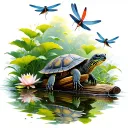 realistic Turtle sitting on a log watching dragonflies flying with water lilly border tattoo design idea