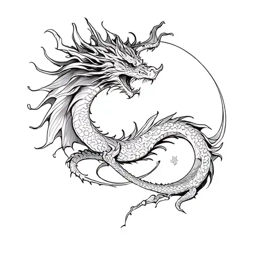 dragon, line art, elegant, elements, sun, moon, celestial tattoo design idea