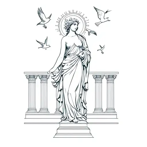 Statue of Greek goddess Aphrodite standing and surrounded my collumns and birds tattoo design idea
