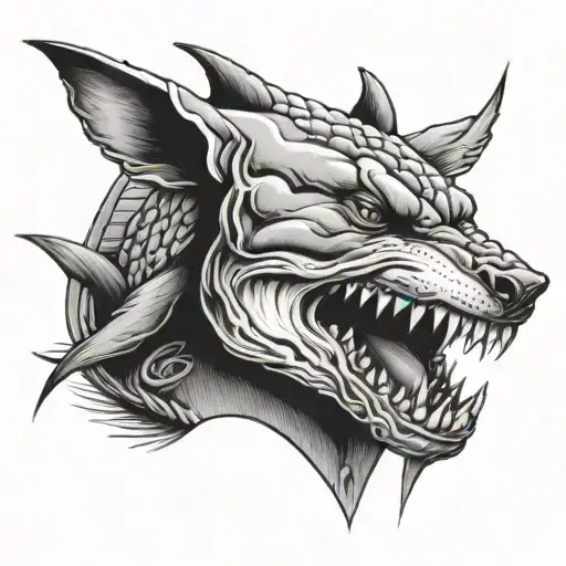 Face of a braided girl with bull shark protecting her.  tattoo design idea
