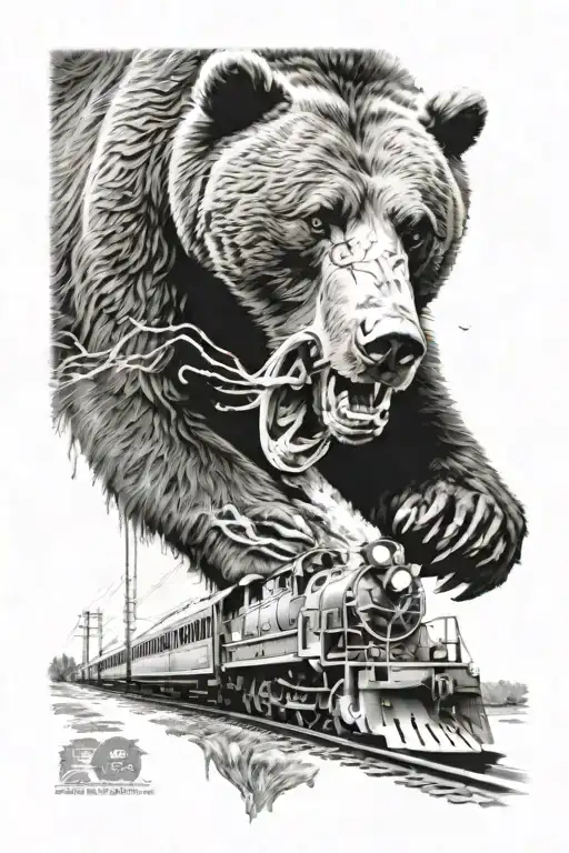 grizzly bear mauling a traveling train tattoo design idea