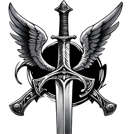 Relatively small tattoo on the back that is based on a sword in the middle with two wings crossed with the sword tattoo design idea