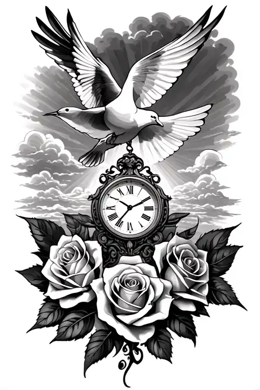 Underarm Tattoo with a clock, doves, 2 roses and sunlight going trough cloudes  tattoo design idea