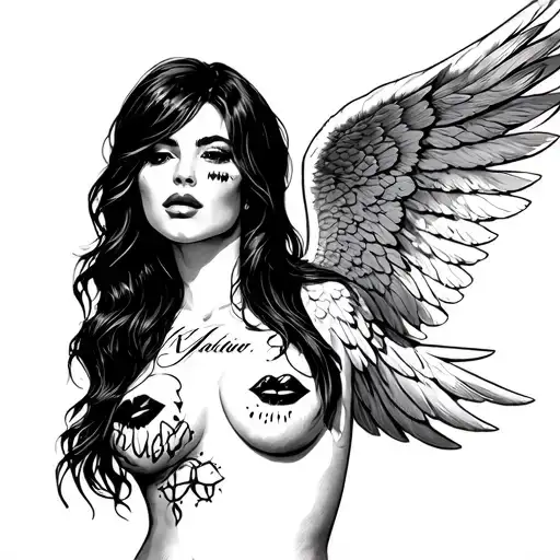 khloe angel written on chest with kiss marks tattoo design idea