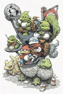 moogle riding a chocobo, link, ninja turtles eating pizza , cartman, video games, popcorn tattoo design idea