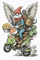 moogle riding a chocobo, link, ninja turtles eating pizza , cartman, video games, popcorn tattoo design idea