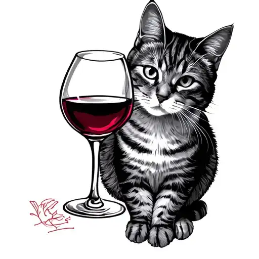 Cat with a wine in the simple hand tattoo design idea