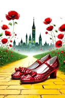 two sparkly flat red ruby shoes with bows on toe and yellow brick road, poppies, emerald city in background tattoo design idea
