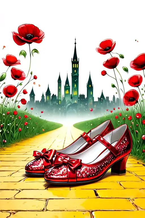 two sparkly flat red ruby shoes with bows on toe and yellow brick road, poppies, emerald city in background tattoo design idea