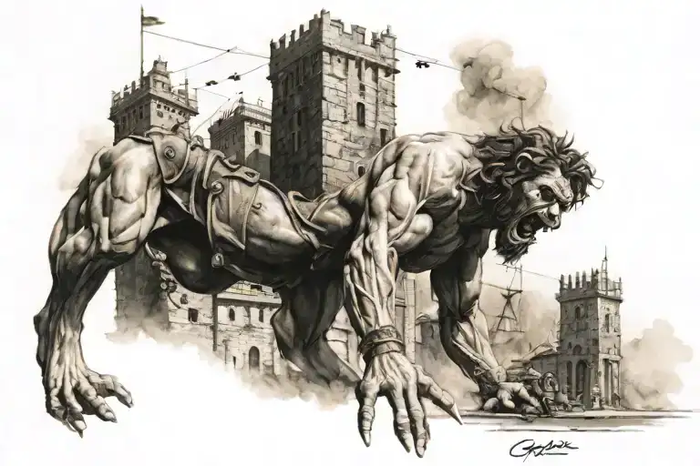 Samson taking down the tower tattoo design idea