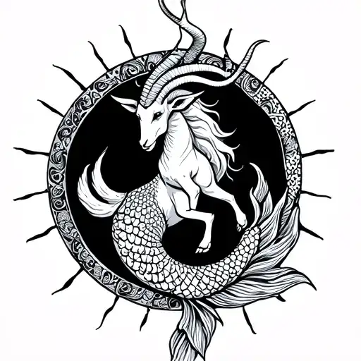 capricorn sea goat (half goat half mermaid) with mandala pattern in the long mermaid tail tattoo design idea