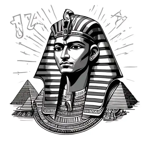 king tut with pyramids and horus sign and egyptian writing tattoo design idea