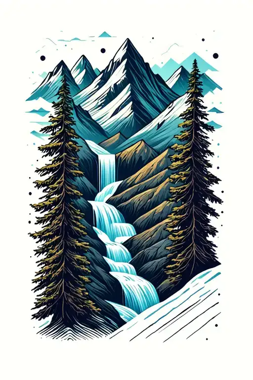 mountain range with waterfall tattoo design idea