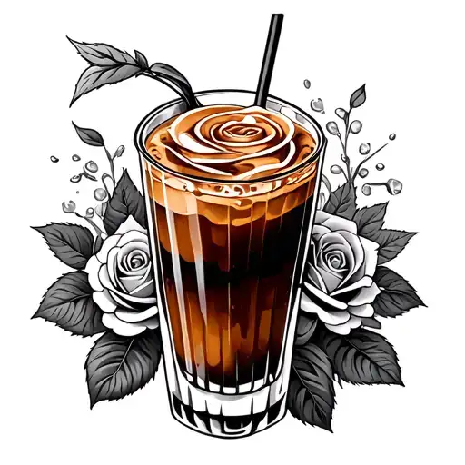 ice coffee with roses growing tattoo design idea