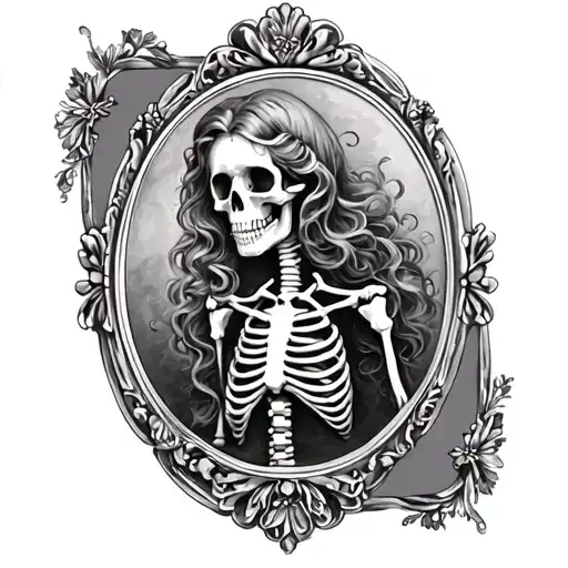 female skeleton cameo with Victorian frame tattoo design idea