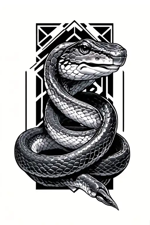 garter snake with geometric patterns behind and around it tattoo design idea
