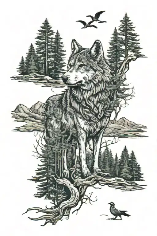 wolf in howling forest scene tattoo design idea