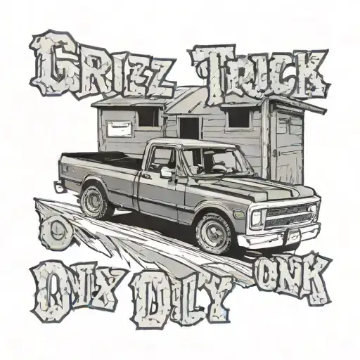 1972 chevy k20 with license plate that says grizz truck only. realistic   tattoo design idea