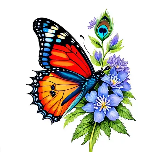 Scarlett peacock butterfly on larkspur flower tattoo design idea